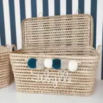 Personalized Moroccan Chest with Tassels – Handwoven Palm Leaf Storage Trunk in Beige & Celadon