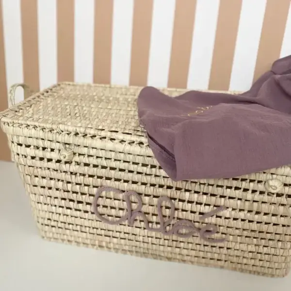 Custom Moroccan Chest – Handwoven Palm Leaf Storage Trunk with Personalized Name