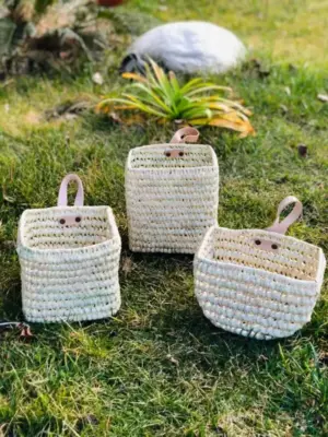 Duo of Woven Palm Fiber Baskets | Handmade Moroccan Wall Storage