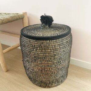 Berber Basket with Pom-Poms – Handwoven Moroccan Storage Basket (40x40x42 cm)