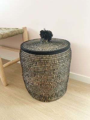 Berber Basket with Pom-Poms – Handwoven Moroccan Storage Basket (40x40x42 cm)
