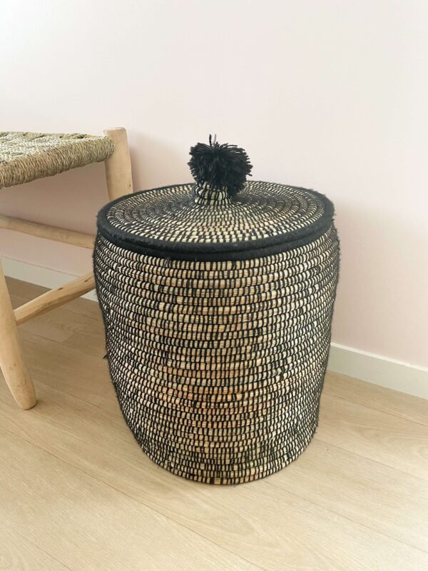 Berber Basket with Pom-Poms – Handwoven Moroccan Storage Basket (40x40x42 cm)