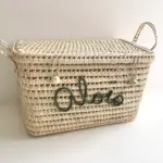 Personalized Moroccan Chest with Ecru Tassels – Handwoven Palm Leaf Storage Trunk (60cm & 80cm)