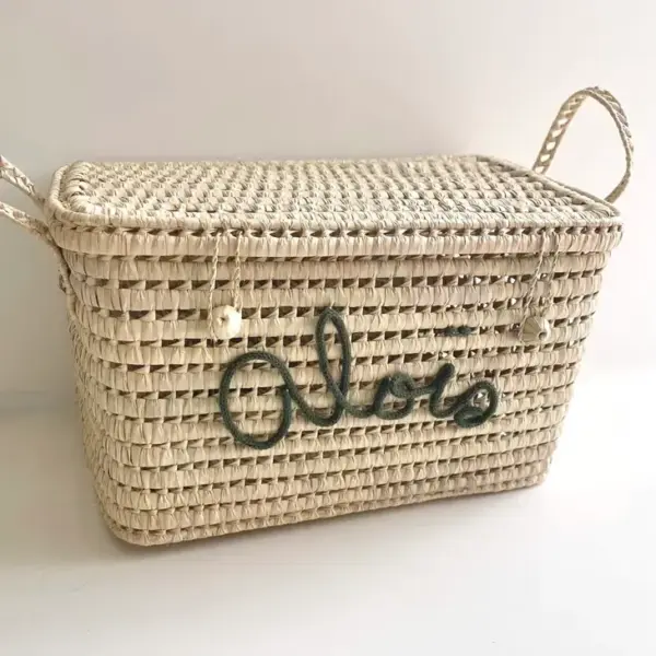 Personalized Moroccan Chest with Ecru Tassels – Handwoven Palm Leaf Storage Trunk (60cm & 80cm)
