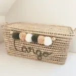 Personalized Moroccan Chest with Tassels – Handwoven Palm Leaf Storage Trunk in Sage, Ecru & Nude (60cm & 80cm)