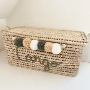 Personalized Moroccan Chest with Tassels – Handwoven Palm Leaf Storage Trunk in Sage, Ecru & Nude (60cm & 80cm)