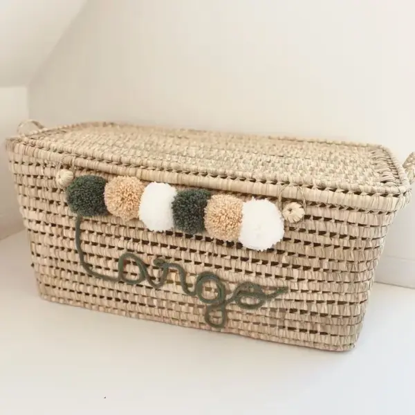 Personalized Moroccan Chest with Tassels – Handwoven Palm Leaf Storage Trunk in Sage, Ecru & Nude (60cm & 80cm)