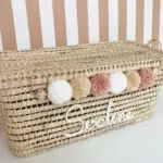 Personalized Moroccan Chest with Tassels – Handwoven Palm Leaf Trunk in Old Pink, Ecru & Nude (60cm & 80cm)