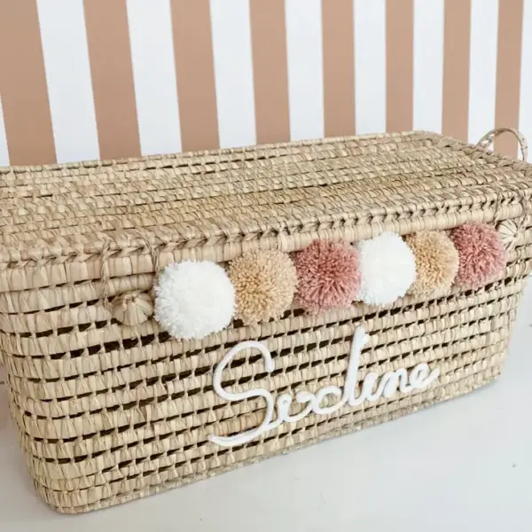Personalized Moroccan Chest with Tassels – Handwoven Palm Leaf Trunk in Old Pink, Ecru & Nude (60cm & 80cm)