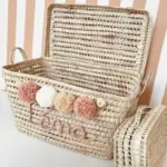 Personalized Moroccan Chest with Tassels – Handwoven Palm Leaf Trunk in Old Pink, Ecru & Nude (60cm & 80cm)