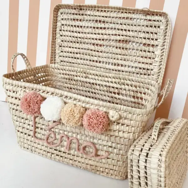 Personalized Moroccan Chest with Tassels – Handwoven Palm Leaf Trunk in Old Pink, Ecru & Nude (60cm & 80cm)