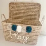 Personalized Moroccan Chest with Tassels – Handwoven Palm Leaf Storage Trunk in Beige & Celadon