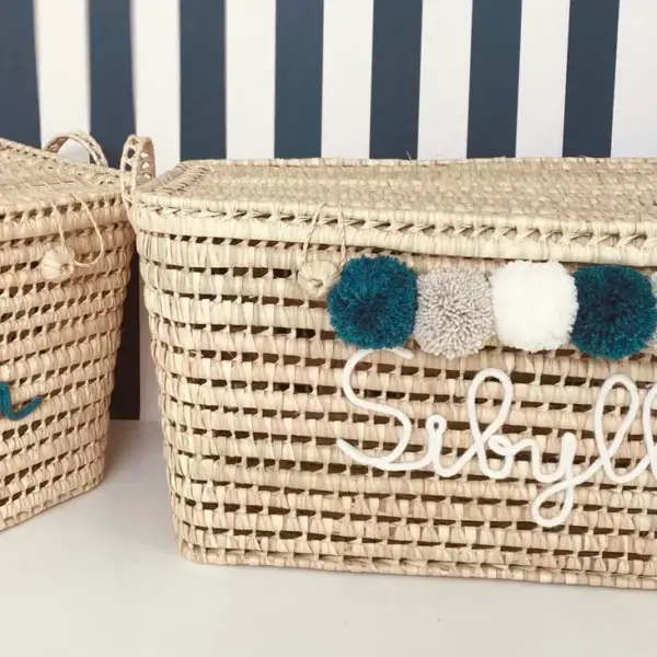 Personalized Moroccan Chest with Tassels – Handwoven Palm Leaf Storage Trunk in Beige & Celadon