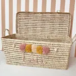 Personalized Moroccan Chest with Multicolor Tassels – Handwoven Palm Leaf Storage Trunk