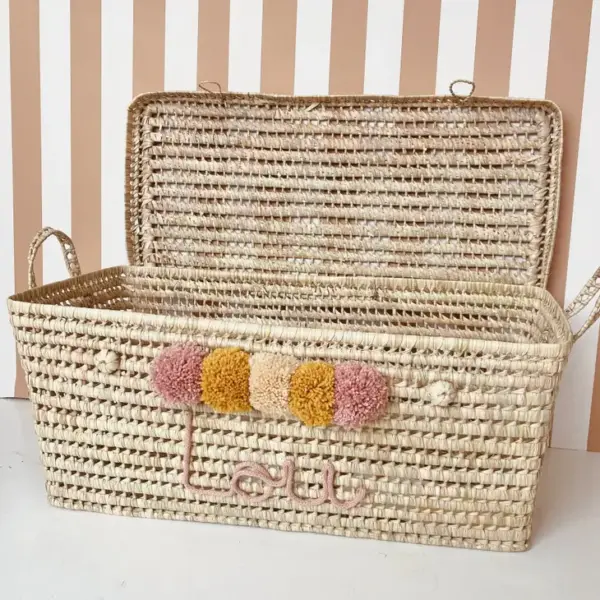 Personalized Moroccan Chest with Multicolor Tassels – Handwoven Palm Leaf Storage Trunk