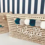 Personalized Moroccan Chest with Tassels – Handwoven Palm Leaf Storage Trunk in Beige & Celadon