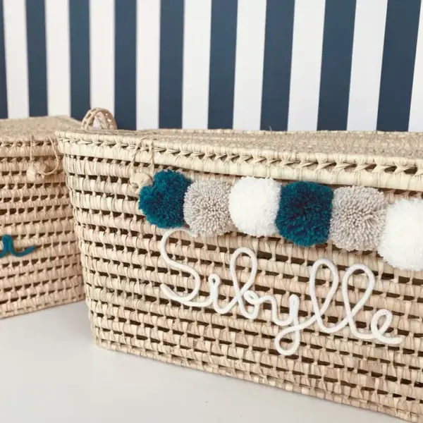 Personalized Moroccan Chest with Tassels – Handwoven Palm Leaf Storage Trunk in Beige & Celadon