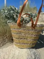 Sequin Basket – Handwoven Doum Palm Fiber Tote with Leather Handles & Drawstring Closure