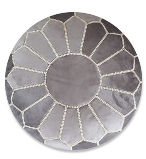 Velvet Pouffe – Grey and White | 55x35 cm Handcrafted Round Ottoman