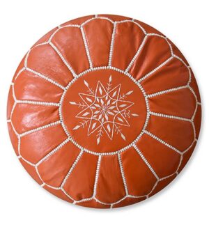 Leather Pouffe – Orange and White | 55x35 cm Handcrafted Round Ottoman