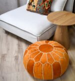 Velvet Pouffe – Orange and White | 55x35 cm Handcrafted Round Ottoman