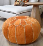 Velvet Pouffe – Orange and White | 55x35 cm Handcrafted Round Ottoman