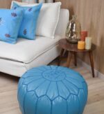 Leather Pouffe – Turquoise | 55x35 cm Handcrafted Round Ottoman