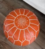 Leather Pouffe – Orange and White | 55x35 cm Handcrafted Round Ottoman