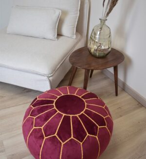 Velvet Pouffe – Pink and Yellow round ottoman, handcrafted and ideal for seating or decor.