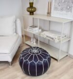Velvet Pouffe – Blue and White | 55x35 cm Handcrafted Round Ottoman