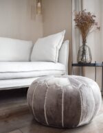 Velvet Pouffe – Grey and White | 55x35 cm Handcrafted Round Ottoman