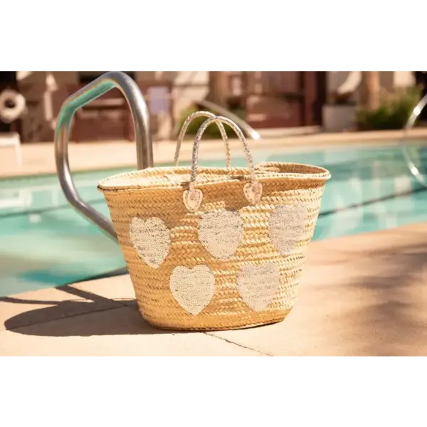 Large Handwoven Straw Tote with Silver Sequin Hearts