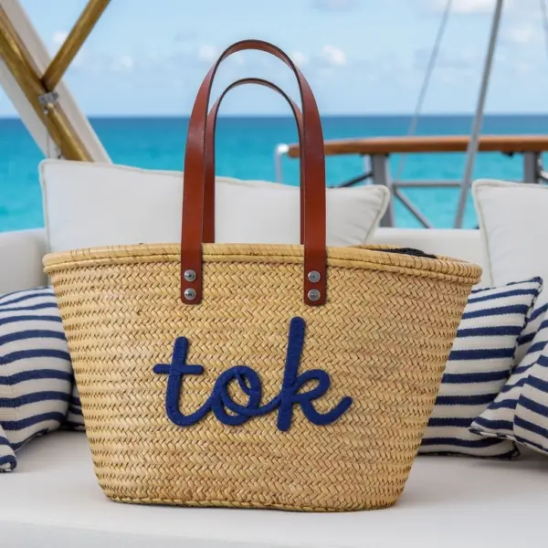 Personalized Moroccan Straw Beach Basket – Custom Embroidered Tote with Leather Handles (11.5″ × 17.7″)