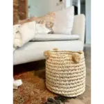Handwoven Palm Leaf Basket with Colorful Wool Pom Poms