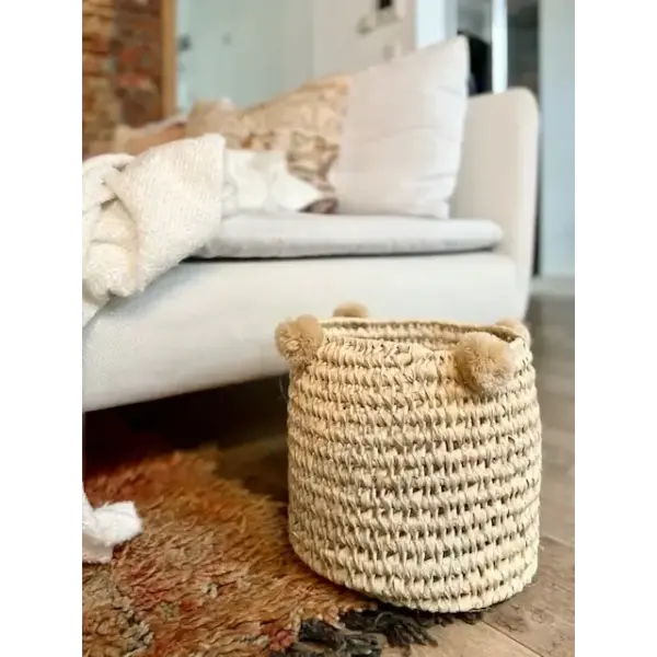 Handwoven Palm Leaf Basket with Colorful Wool Pom Poms