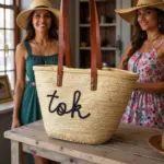 Personalized Moroccan Straw Beach Basket – Custom Embroidered Tote with Leather Handles (11.5″ × 17.7″)