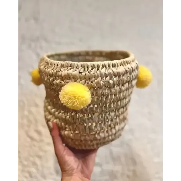 Handwoven Palm Leaf Basket with Colorful Wool Pom Poms