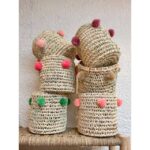 Handwoven Palm Leaf Basket with Colorful Wool Pom Poms
