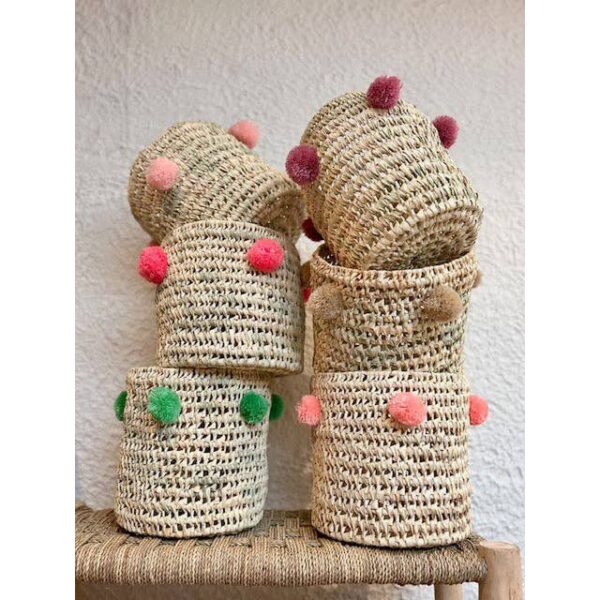 Handwoven Palm Leaf Basket with Colorful Wool Pom Poms