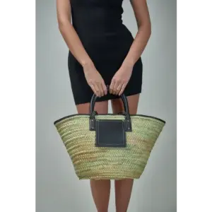 Elegant Black Palm Leaf Tote with Double Leather Straps
