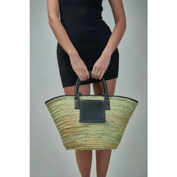 Elegant Black Palm Leaf Tote with Double Leather Straps