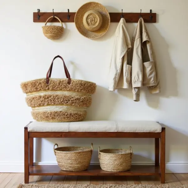 Moroccan Striped Straw Beach Tote – Handwoven Raffia Summer Bag with Leather Handles (13.5″ × 17.7″)