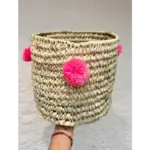 Handwoven Palm Leaf Basket with Colorful Wool Pom Poms
