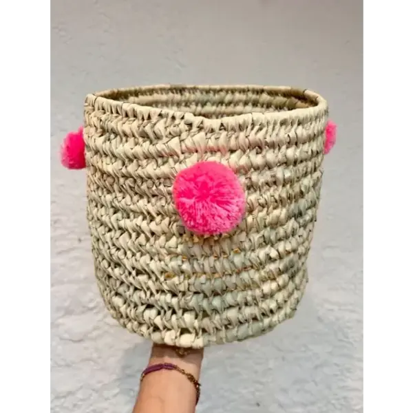 Handwoven Palm Leaf Basket with Colorful Wool Pom Poms