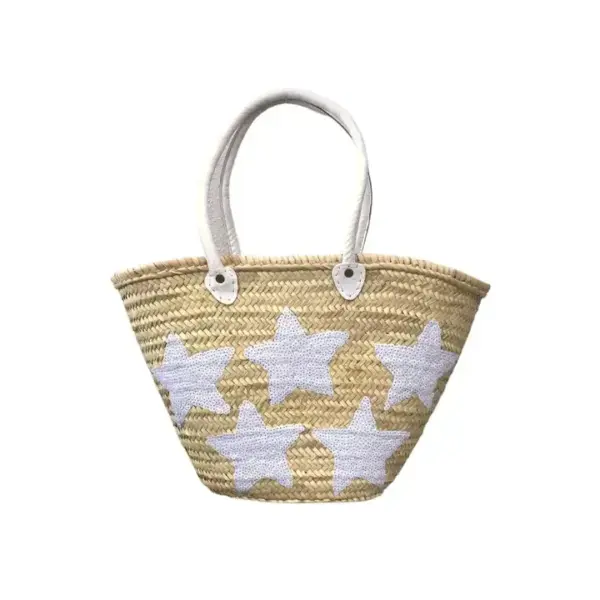 Large Handwoven Straw Tote with White Sequin Stars