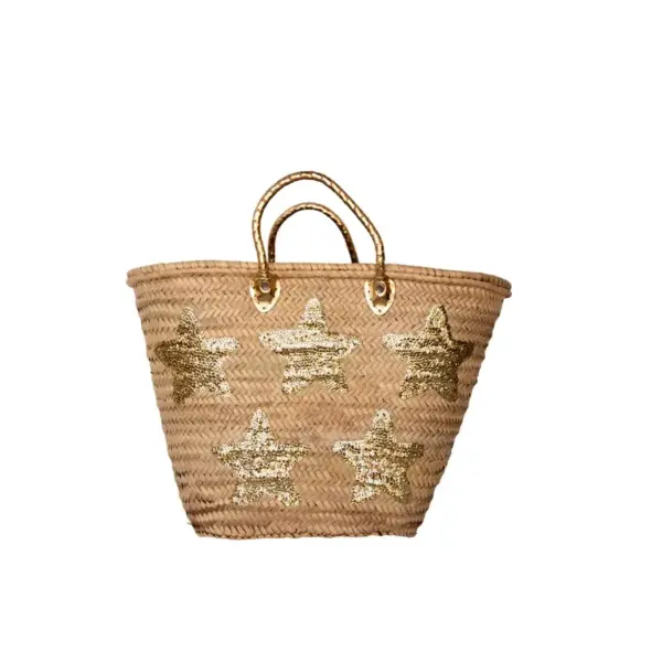 Handwoven Straw Tote with Gold Sequin Stars – Large Moroccan