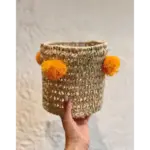 Handwoven Palm Leaf Basket with Colorful Wool Pom Poms