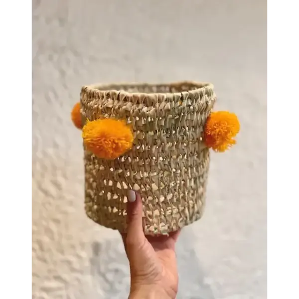Handwoven Palm Leaf Basket with Colorful Wool Pom Poms