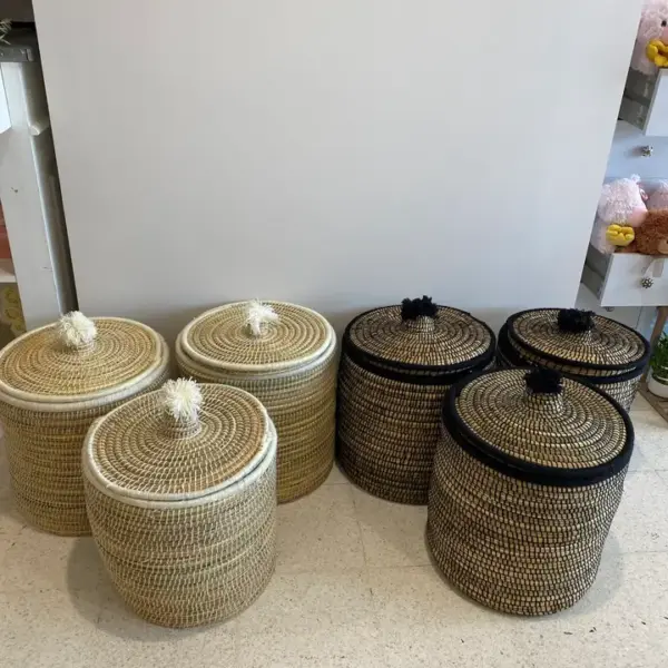 Large Handwoven Storage Basket with Pom Poms – 40×40cm