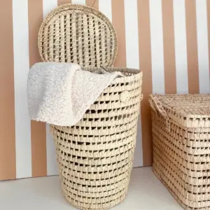 Natural Laundry Basket with Lid –Handwoven Palm Leaf Storage